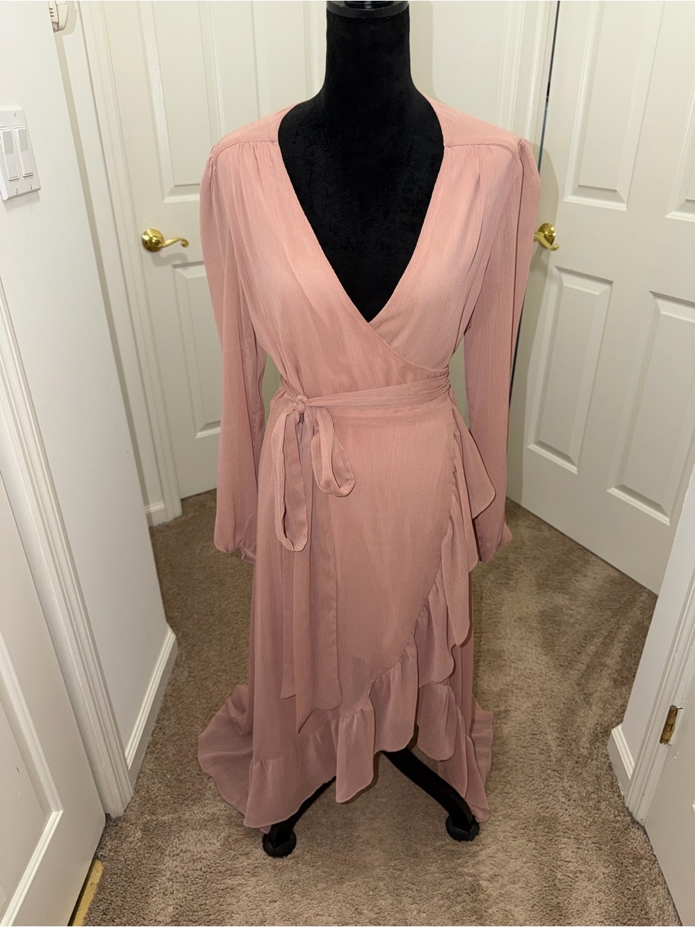Wayf Blush Pink Long Sleeve Wrap Midi Dress